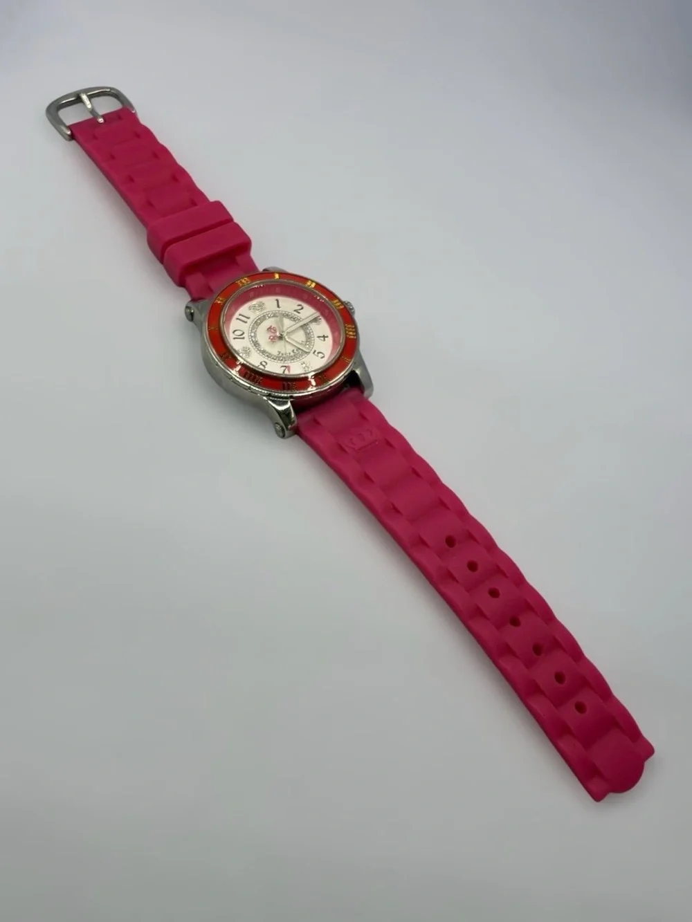 Juicy Couture Pink Silicone Strap Crystal Heart Crown Analog Watch